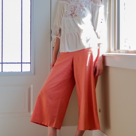 Lush Coral Pink High Waist Linen Culottes - Picture 2 of 4